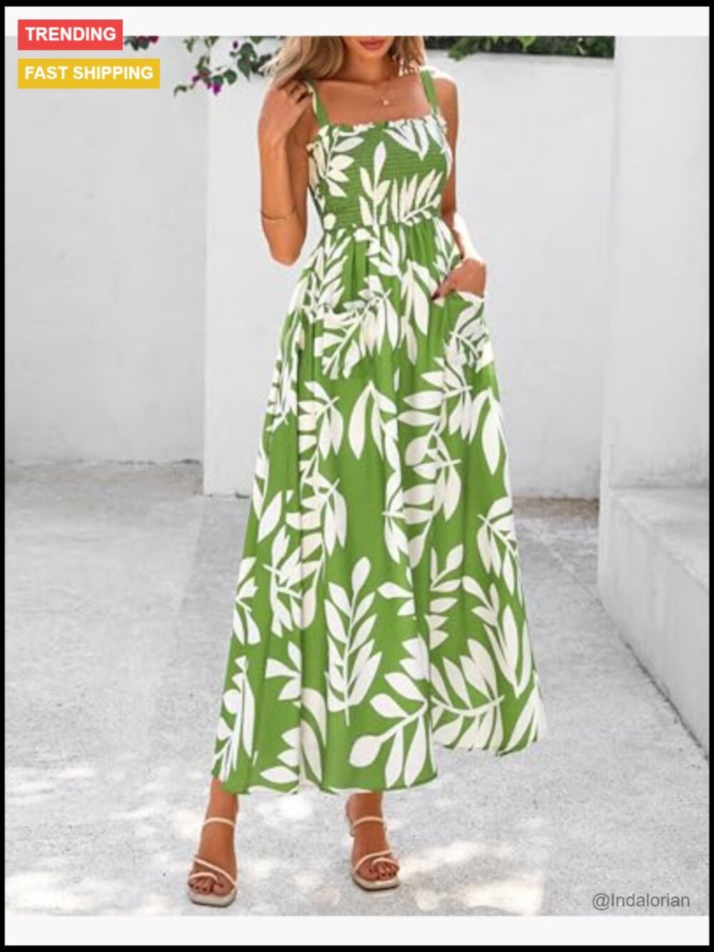 Women's Floral Print Smocked Maxi Dress with Pockets Adjustable Straps - Picture 3 of 7